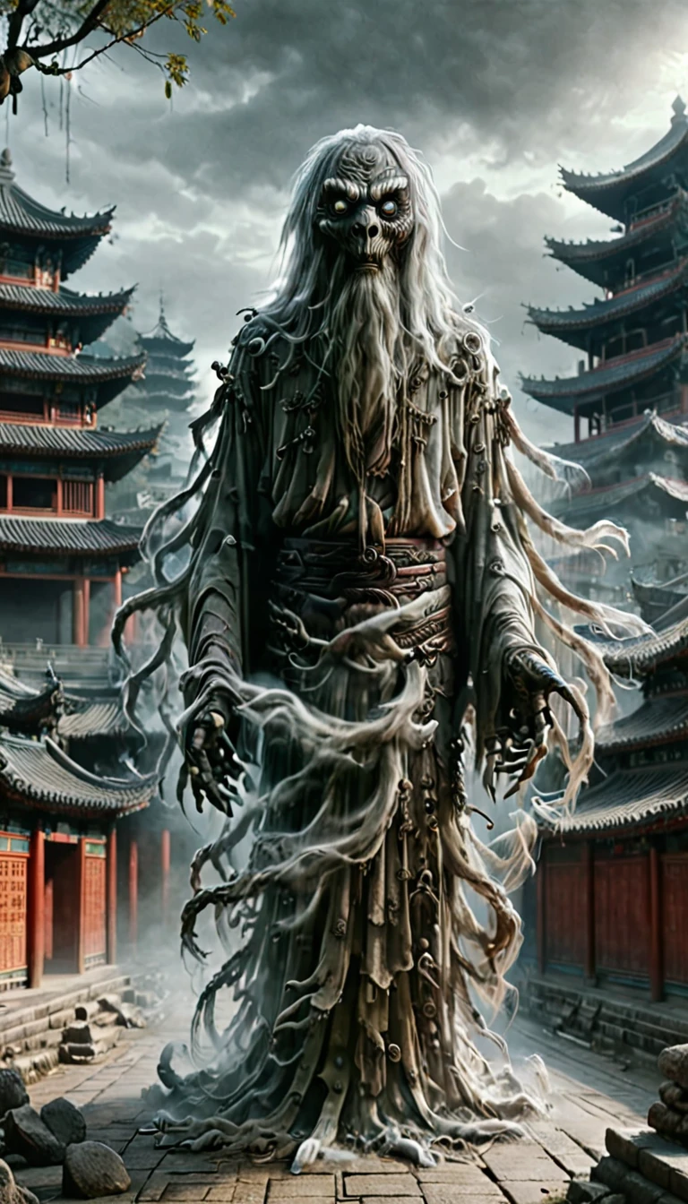 Draw the image of a Chinese Shura ghost,He has multiple heads,Multiple arms,Multiple eyes,Ancient buildings,Spooky,Turn around,Turned,Reality,style