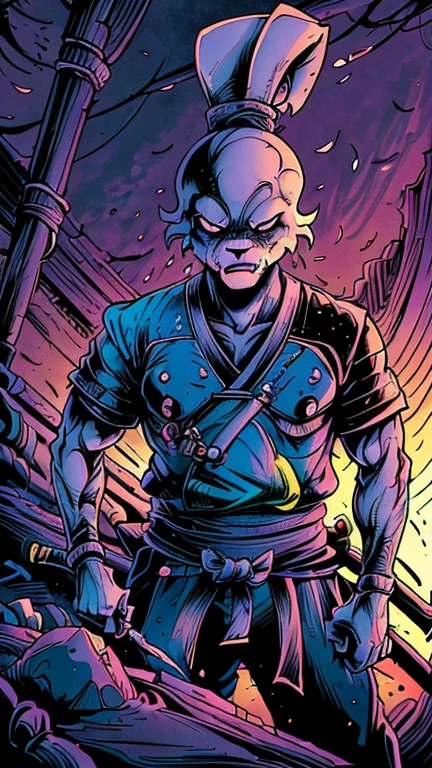 (s:1boy: usagi yojimbo), (extremely detailed CG unit 8k wallpaper),(master part), (best quality), (ultra detail), (best illustration),(melhor ombre), cowboy shot, (Sharp eyeliner, ombre, detail eyes:1),dark glowing neon light post apocalyptic interiors background, , break , (samurai), upper body