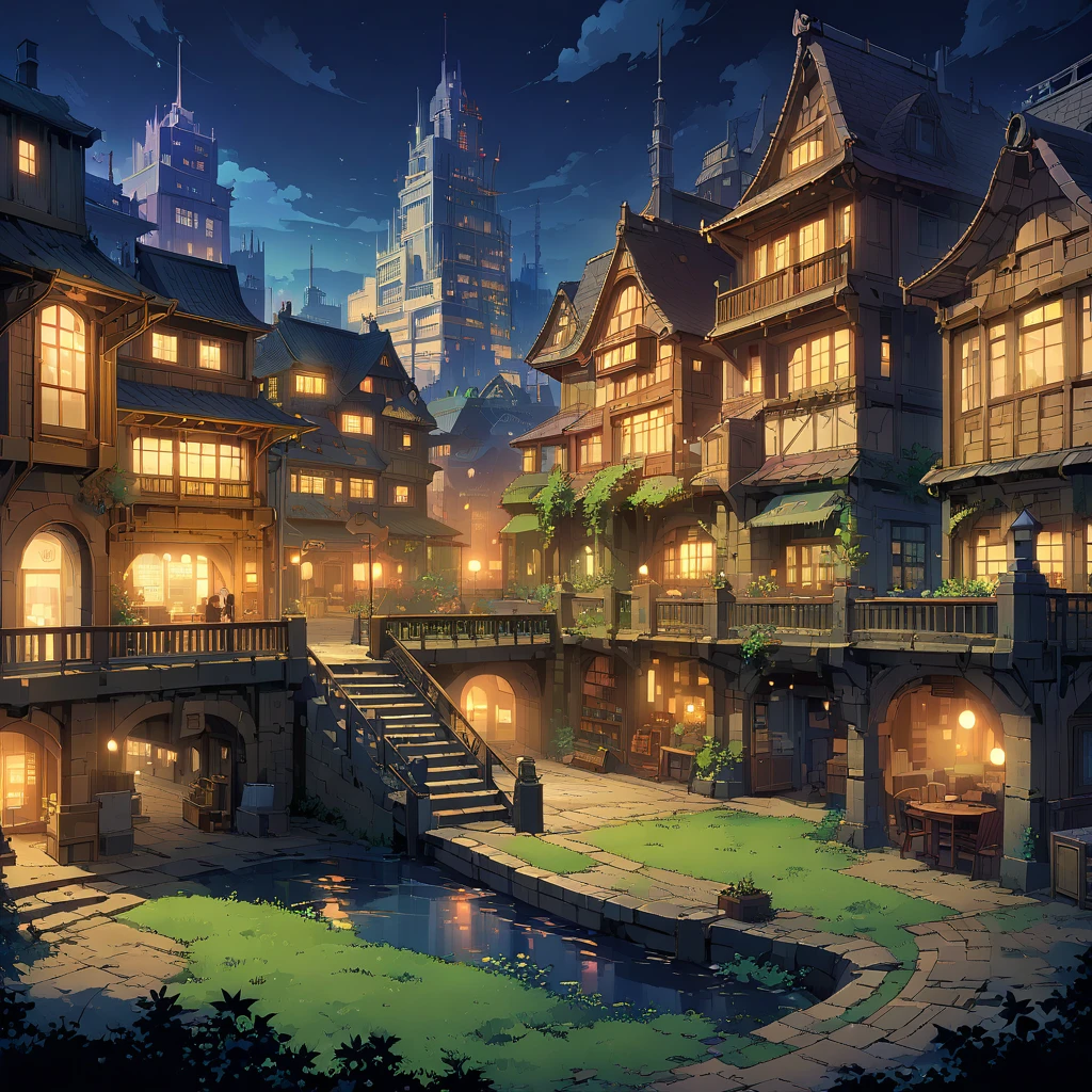 city(ヨーロッパの中世のcity)，cityの周りには堀がある，Night view。Middle ground composition，Panoramic Photos，Scenes screen，Game concept art style，Anime illustration style，High resolution，4K。