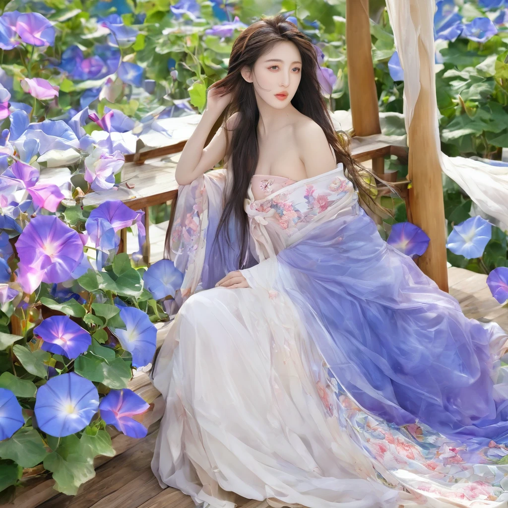 best quality,masterpiece,Ultra-high resolution,(photoactual:1.4),,Morning glory flower sea,(background),20 years old ,morning glory goddess(Japanese Girls),Long hair with a shawl,cute eyes,Sexy body,Big breasts,Wearing a morning glory strapless dress,,,Sitting in the gazebo,Enjoy afternoon tea