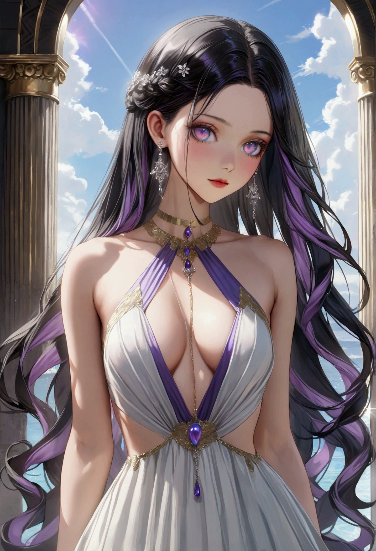 A girl with long black hair with purple peekaboo highlights, opal eyes, fair skin tone, slender and athletic built, expensive dress, detailed hair, detailed body, best quality, aesthetic,8k,realistic