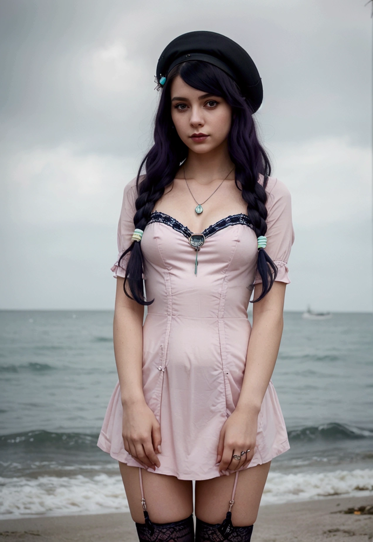 A stunning photograph of a young woman exuding a unique pastel-nautical-goth aesthetic. She is dressed in pastel colors with nautical elements like sailor stripes and a captain's hat, but with a dark twist. She wears a delicate pastel necklace with a dark, gothic pendant. The background is a serene beach with soft pastel colors, and the overall feel of the image is romantic and mysterious., photo