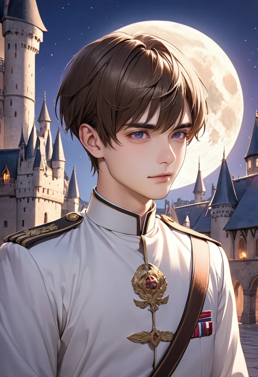 1 male Short brown hair and eyebrows Bangs without a part Side hair where ears are not visible Purple Eyes White military uniform full moon Castle courtyard