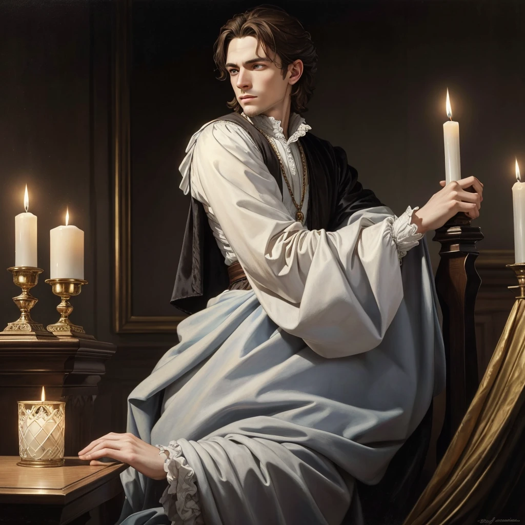 Portrait of young Christopher Marlowe, white skin, piercing icy blue eyes, silky golden-brown hair, refined features, charp jawline, clean shaved, Elizabethan clothes, black Elizabethan velvet jerkin, white laced shirt, soft light, elegant, gently dangerous man, candlelight, chiaroscuro, masterpiece, oil painting, oil on canvas, Renaissance, Caravaggio style, realism, high quality