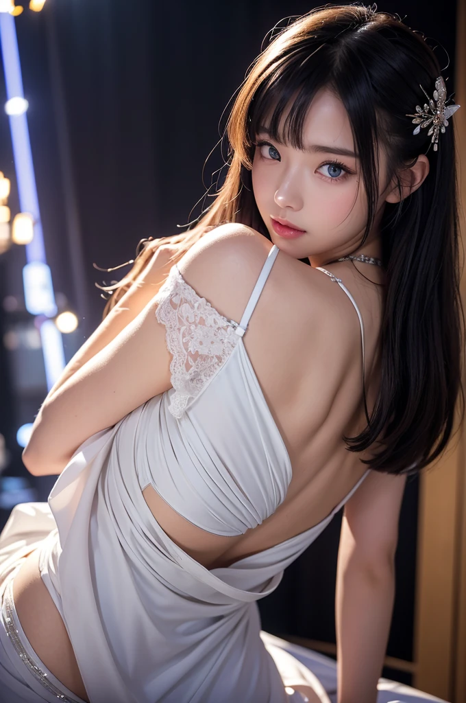 masterpiece, best quality, Very detailed, to the camera, 複雑に詳細なVery detailed, Practical, Distinctive features, Very detailed, Clear focus, Perfect face, Perfect face, Perfect symmetry,perfects eyes, Perfect plump lips, Flexible female form, Movie, lamp, Very detailed, hyper Practical, masterpiece, atmosphere, high resolution, Energetic, 动态工作室lamp光, ((Dark background)), Endure the expression of happiness, Straight bangs, blue eyes,Kneel down,Hands on hips、butt、Sexually excited expressions、No clothes、National Foundation,((Top quality、8K、masterpiece:1.3))Wears a silver-white mech,Girl with delicate face,Highest image quality,A photo of a Japanese woman in her twenties,Made of shiny white and silver translucent glass and plastic, Geisha makeup and hairstyle, Silver metal interior, dynamic poses, flowing organic structure, Glowing golden circuit, colorful neon decoration, light emitting circuit, neon decoration, Depth of field focus f/2.8, H's Art.right. jiger, Greg rightutowski negative label
