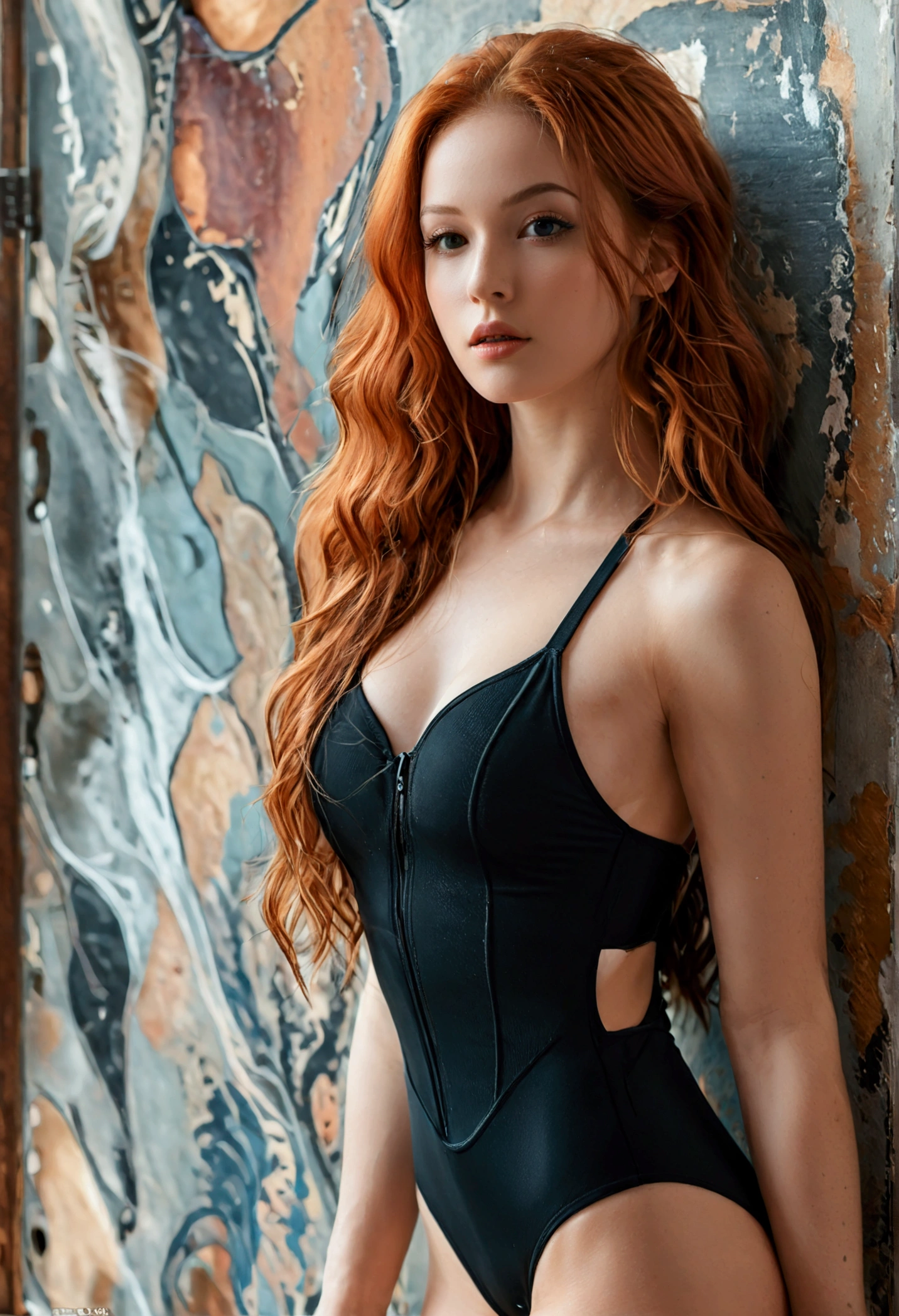 (full body shot:1.7) photorealistic image of a (standing pose:1.3) ultrarealistic, photography, long red hair, woman, 24 years old, hourglass figure, perfect body, Flirty look, natural medium breasts, blur background, wearing a black Gymnastic onepiece string BodySuit, jumpsuit, she is wearing sneakers