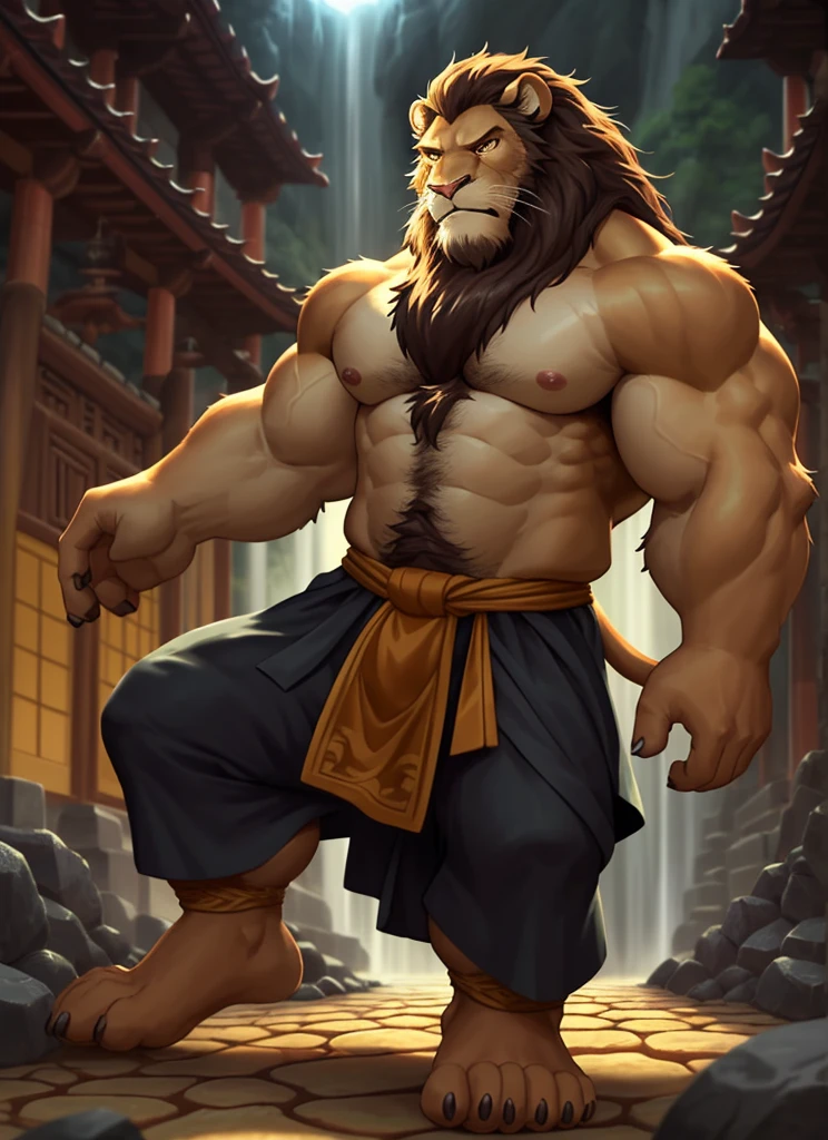 masterpiece, Solitary, Delicate eyes, Delicate face, 45 years old adult, hairy, male, Handsome, whole body, muscle, hairy uncle lion, Shaolin monks, One-handed ground strike, The ground cracks, Flying Gravel, Cute style, portrait, head shot portrait, Dynamic poses, Japanese cartoons, In motion, Extremely detailed, Expressive, Dramatic lighting, Epic Background, Very detailed, Light versus Darkness, photography, Surrealism, Moody, Cinema Lighting, Intricate details, Depth of Field