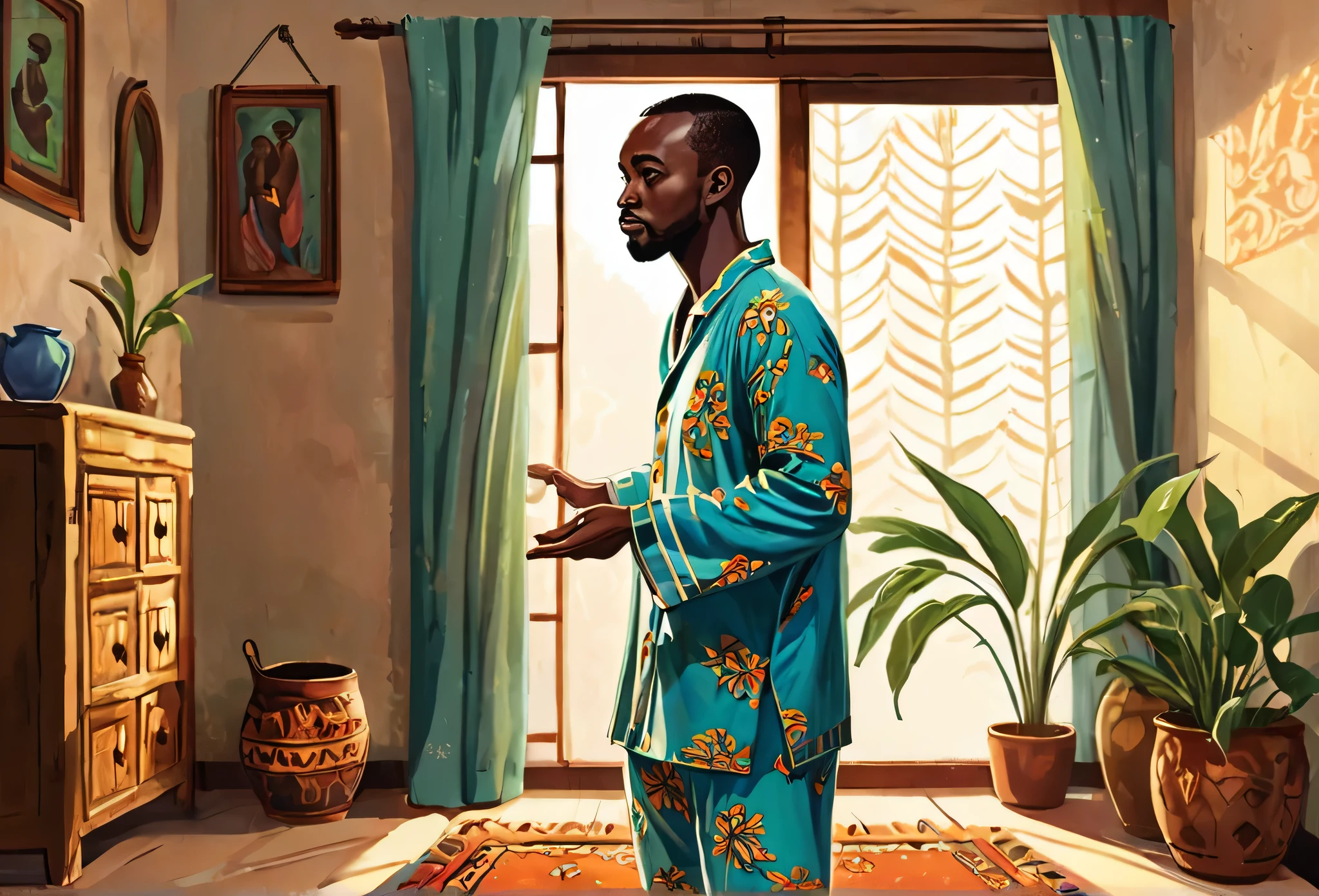 A 32 years old man, standing, wearing pajamas,  reaching out to collect something with his  hand Indoor. 
African (masterpiece best quality:1.2) delicate illustration ultra-detailed, illustrations, bright, colourful, 