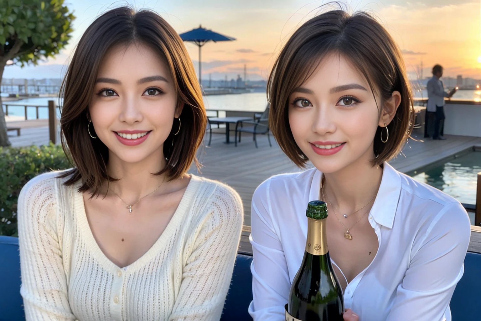 （Realistic:1.1）,(masterpiece,Highest quality)，8k,(49 years old), 53 years old, ベリーslimボディ、slimカップル、Tight waist,Upper Body,full-course dinner、wine 、Amazing view of the sunset sky and clouds、Perfect Anatomy, Brown Hair, short hair,Random Hairstyles,((Highly detailed face and eyes:1.2))，Perfect golden ratio face，Long sleeve shirt、dress,(smile:1.2)、Shortcuts、cute、(Realistic, Intricate details:1.2), A bright smile、short hair,Bright Face、赤wine 、Appetizers、Italian food、wine bottle、Champagne、スパークリングwine、(slimな顔), (The body is slim), (Brown Hair), (Shortcuts),  Upper Body, 白wine, slim, wineグラス, 