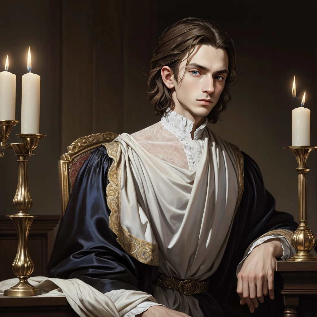 Portrait of young Christopher Marlowe, white skin, piercing icy blue eyes, silky golden-brown hair, refined features, charp jawline, clean shaved, Elizabethan clothes, black Elizabethan velvet jerkin, white laced shirt, soft light, elegant, gently dangerous man, candlelight, chiaroscuro, masterpiece, oil painting, oil on canvas, Renaissance, Caravaggio style, realism, high quality