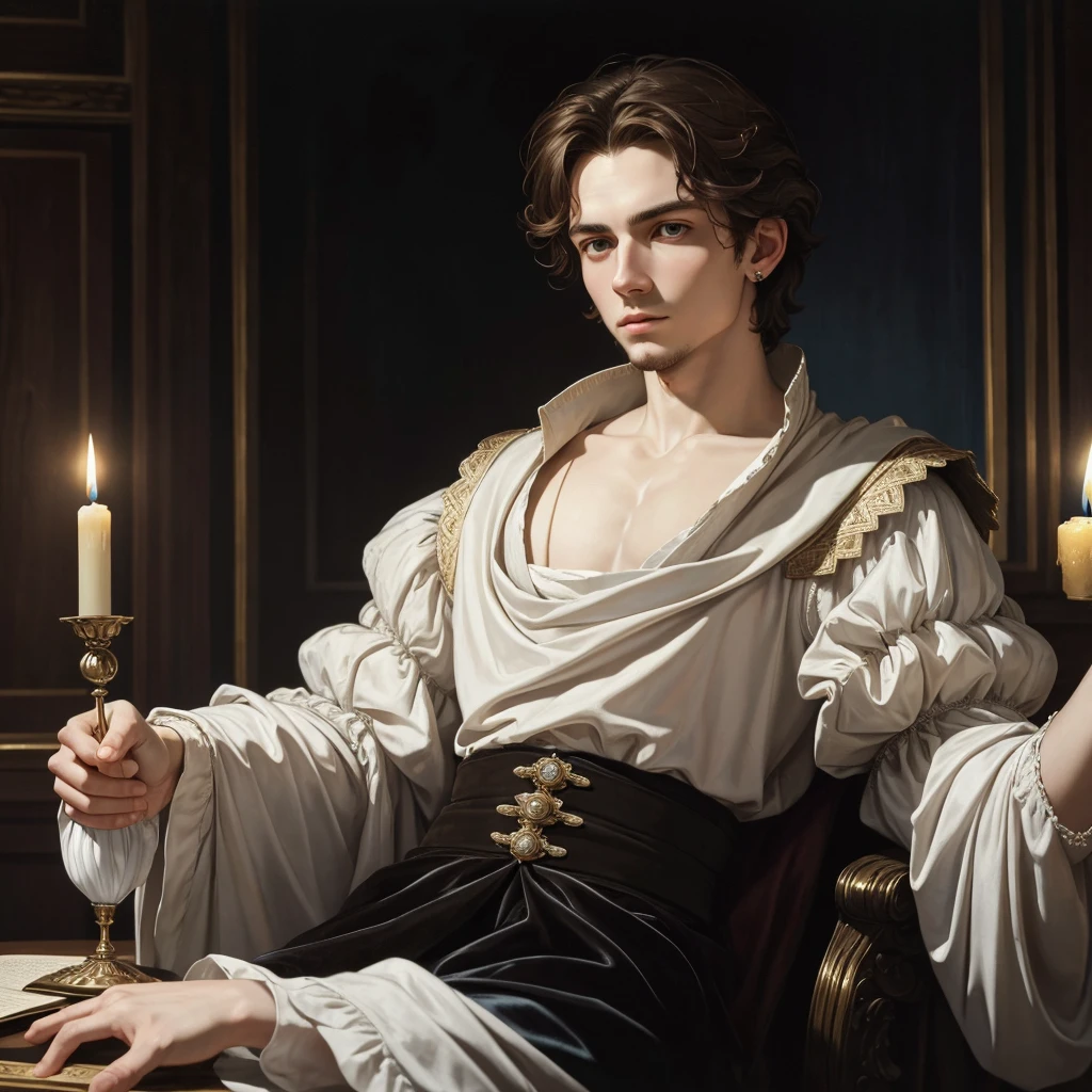 Portrait of young Christopher Marlowe, white skin, piercing icy blue eyes, silky golden-brown hair, refined features, charp jawline, clean shaved, Elizabethan clothes, black Elizabethan velvet jerkin, white laced shirt, soft light, elegant, gently dangerous man, candlelight, chiaroscuro, masterpiece, oil painting, oil on canvas, Renaissance, Caravaggio style, realism, high quality