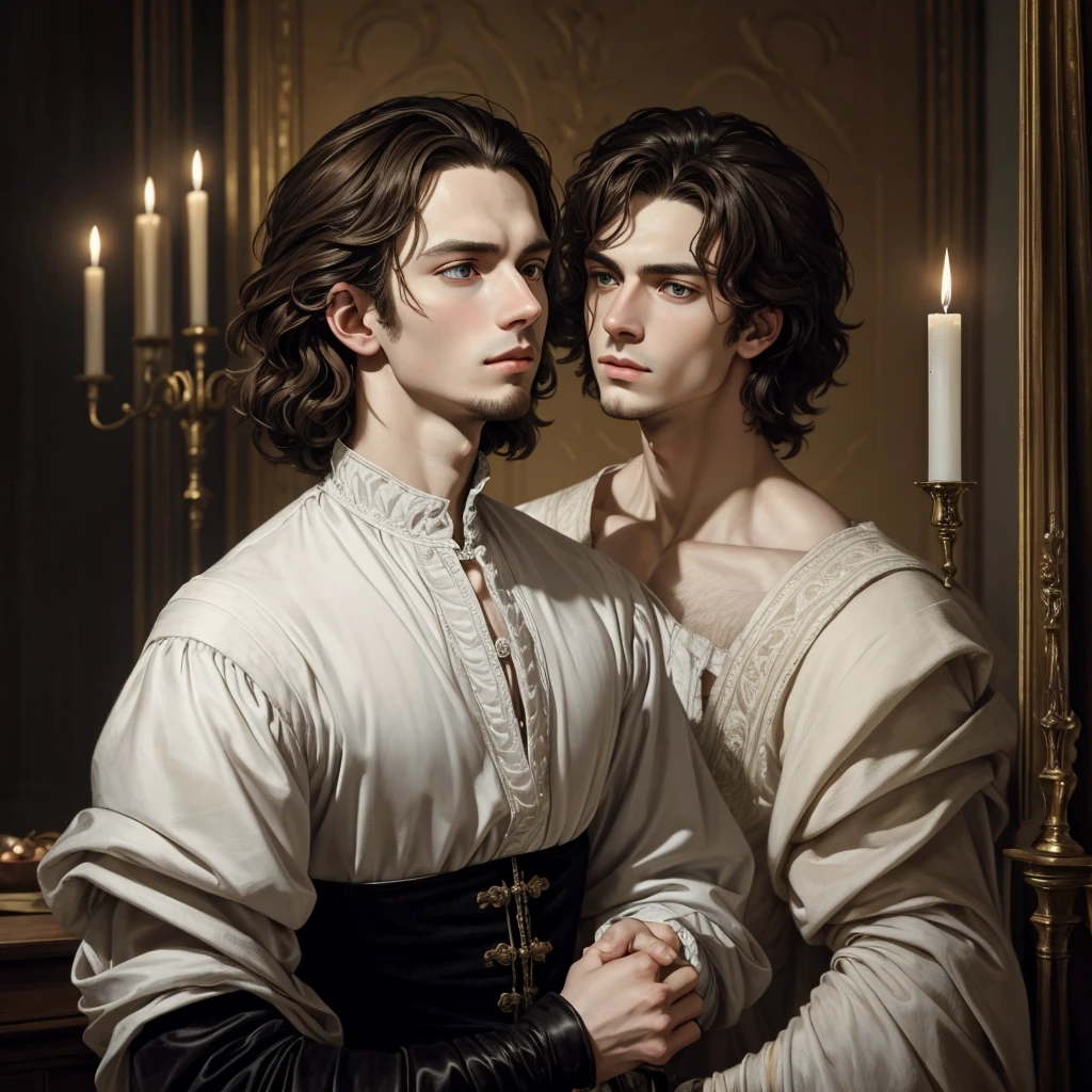 Portrait of young Christopher Marlowe, white skin, piercing icy blue eyes, silky golden-brown hair, refined features, charp jawline, clean shaved, Elizabethan clothes, black Elizabethan velvet jerkin, white laced shirt, soft light, elegant, gently dangerous man, candlelight, chiaroscuro, masterpiece, oil painting, oil on canvas, Renaissance, Caravaggio style, realism, high quality