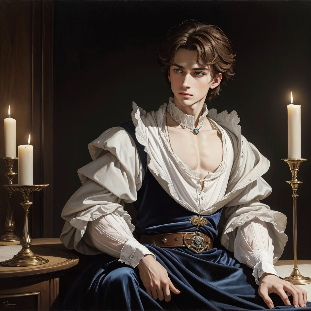 Portrait of young Christopher Marlowe, white skin, piercing icy blue eyes, silky golden-brown hair, refined features, charp jawline, clean shaved, Elizabethan clothes, black Elizabethan velvet jerkin, white laced shirt, soft light, elegant, gently dangerous man, candlelight, chiaroscuro, masterpiece, oil painting, oil on canvas, Renaissance, Caravaggio style, realism, high quality