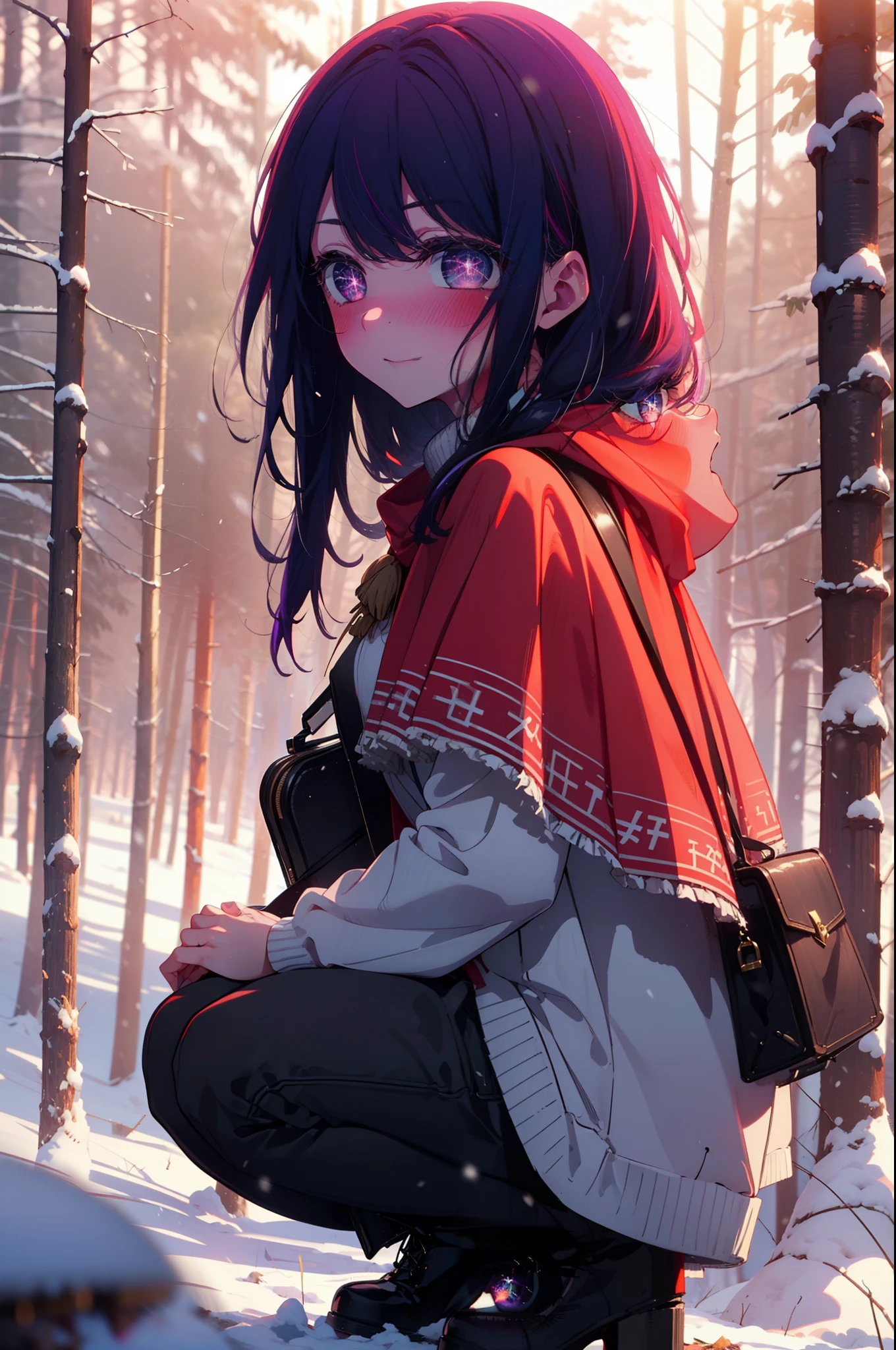 aihoshino, Ai Hoshino, Long Hair, bangs, (Purple eyes:1.1), Purple Hair, (Symbol-shaped pupil:1.5), smile,,smile,blush,white breath,
Open your mouth,snow,Ground bonfire, Outdoor, boots, snowing, From the side, wood, suitcase, Cape, Blurred, , forest, White handbag, nature, Squat, Mouth closed, Cape, winter, Written boundary depth, Black shoes, red Cape break looking at viewer, Upper Body, whole body, break Outdoor, forest, nature, break (masterpiece:1.2), Highest quality, High resolution, unity 8k wallpaper, (shape:0.8), (Beautiful and beautiful eyes:1.6), Highly detailed face, Perfect lighting, Extremely detailed CG, (Perfect hands, Perfect Anatomy),