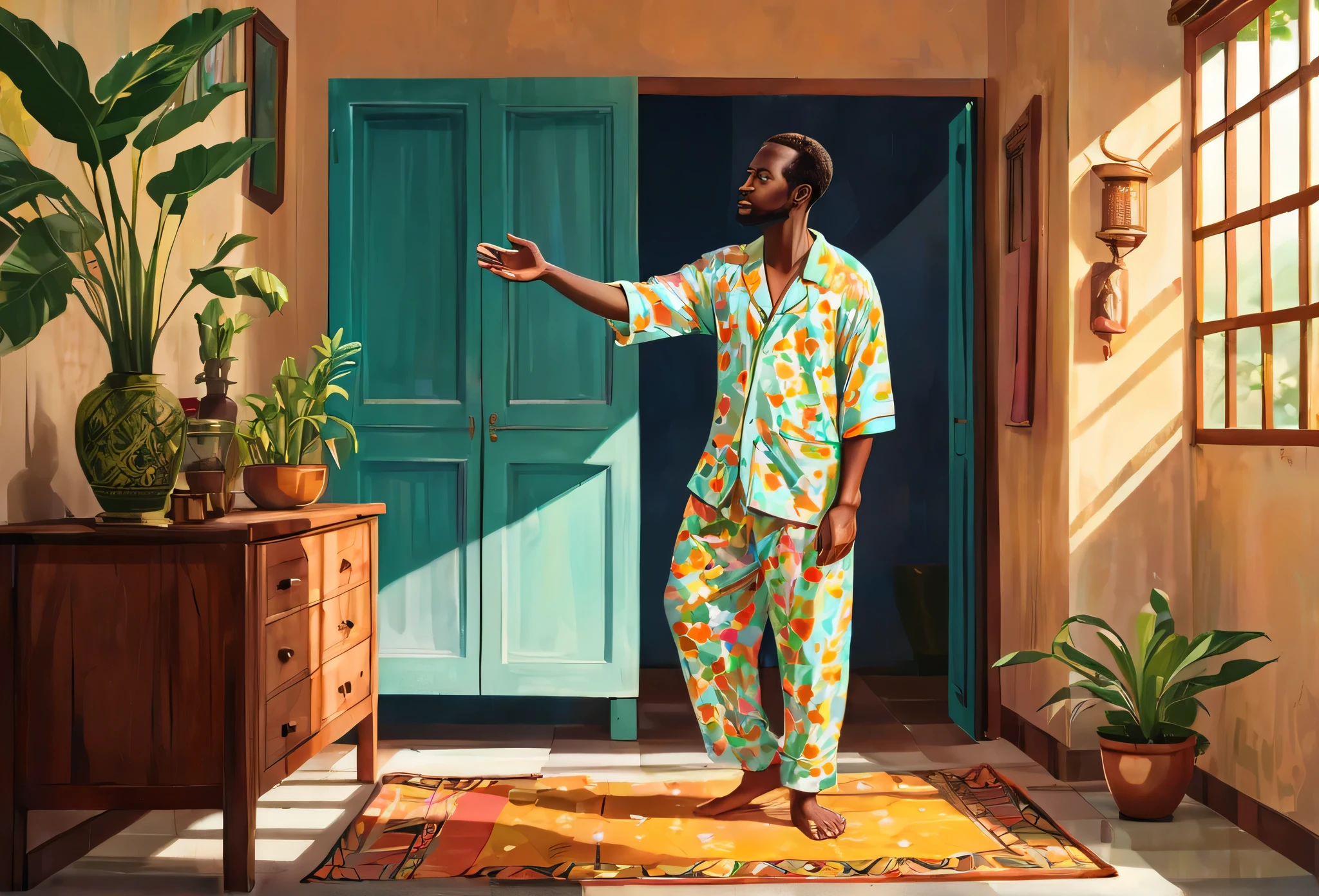A 32 years old man, standing, wearing pajamas,  reaching out to collect something with his  hand Indoor. 
African (masterpiece best quality:1.2) delicate illustration ultra-detailed, illustrations, bright, colourful, 