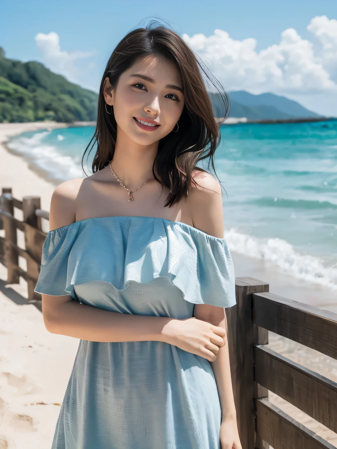 ((top-quality、masutepiece、8K、Top image quality、Hyper-Realism))、(1 photo:1.3)、(Beauty 1 person)、(Photo above from the female breast:1.2)、smile looking at me、the most detailed face、sparkling gemstone necklace、Off-shoulder top with ruffles、Standing on the beach、the most beautiful sea、Beautiful sky、beautiful thunder clouds、Refreshing sea in the background、Shining beautiful sea background、