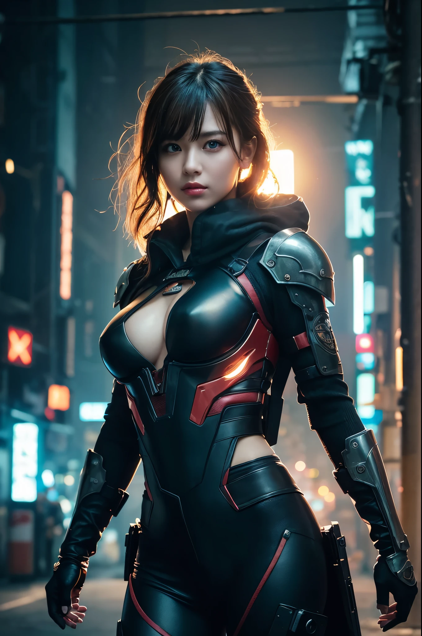 8k,Highly detailed illustration, Ultra-high resolution, masterpiece, Highest quality, Super Beauty,Skin with perfect radiance, Perfect lighting, Detailed lighting, Dramatic Shadows, Ray Tracing, 1 beautiful Caucasian woman, Looking at the audience, Very large breasts, Beautifully detailed hazel eyes, Sharp Face, Clear Eyes, Red lips, Long Bangs, Short Curly Hair, blonde, ((Cyberpunk Dark City)), Upper Body, Combat Uniform, Military Harness, ,masterpiece,Highest qualityのフォトリアリスティックなRAW写真。Bright colors,Rich colors, Backlight, Cinema Lighting, Film Grain, 50mm lens, Nikon D850,Detailed character art,Fantasy art,Ultra-high resolution,Ultra-Realistic Skin,Perfect hand shape,ダイナックなFightingポーズ,Knife action,Red Metal Armor,Fighting,Action pose,Bend Down,hit,