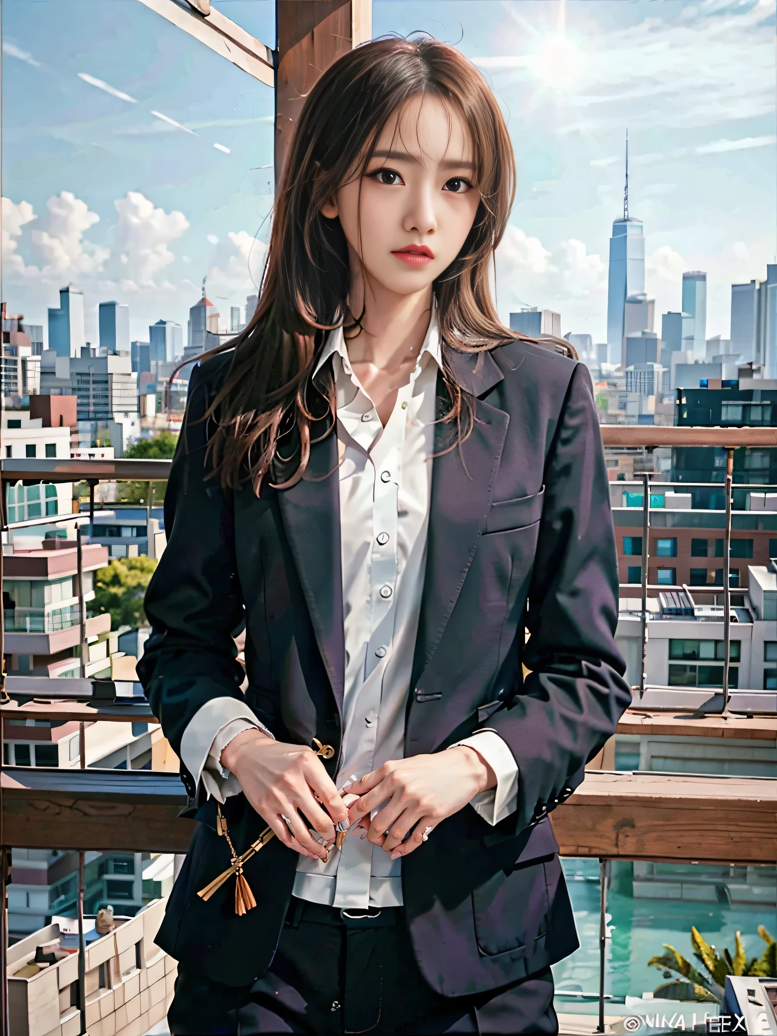 photoRealistic,Realistic, alone, photoRealistic, Highest quality, Ultra-high resolution,

long, straight black hair, Hazel Eyes, Serious expression, Slim figure, Wearing a black blazer and a white blouse, Beautiful morning city skyline, masterpiece, Highest quality, Highly detailed face, Perfect lighting, alone,One girl,

Highest quality, Ultra-high resolution, photoRealistic,
Super detailed,
masterpiece, Highest quality,
Yuna 1,