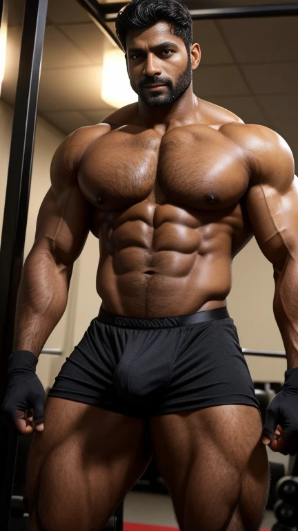 40 years old Desi mascular dark skin jaat with huge wide muscular shoulders, wide ?????, abs, masculine wide triceps, arms, biceps, big masculine ?????????? thighs, calfs, black-haired, hair falls on your face, Mesmerizing brown eyes, andrew christian ?????????, gloves in hand, in gym, hand on bulge