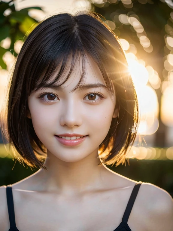(Highest quality,8K quality,masterpiece:1.3),(Ultra-high resolution,Photorealistic:1.4,RAW Photos),(Ultra-detailed,Caustics,Detailed Background),(Ultra-Realistic Capture,Beautiful and detailed skin,Perfect Anatomy),16 years old,high school student,cute,double eyelid,Black short bob,Topless, Looking into the camera,(smile),White teeth,tilt your head slightly,(Large Bust),Close-up, Natural soft light, Looking into the camera, sunset,sunset,garden,Backlight,