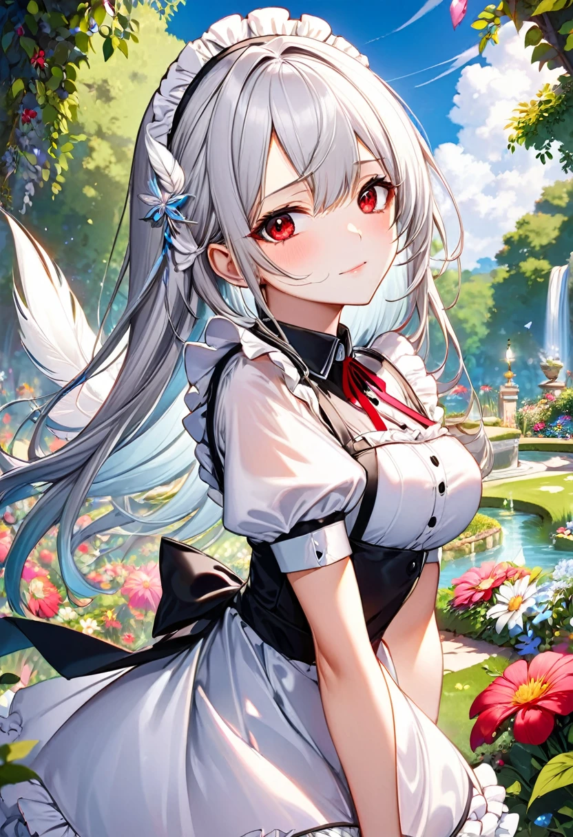 (beautiful sexy Married Woman style), (solo:2, 24 yo), (Murderous Intent mode), (immensely beautiful skin), (beautiful detaileds hime-cut) (beautiful detailed silver hair, very beauty long hair) (best sexy woman, best rage red eyes, glossy lip, best rage face, closed mouth, beautiful sexy big tits), in a immensely elegant summer Frills maid dress with exposure white Feather, break, in the beautiful enchanted garden, background beautiful summer sky, BREAK, perfect ???????, masterpiece, best quality, beautiful detailed pastel color, daydreaming expression.