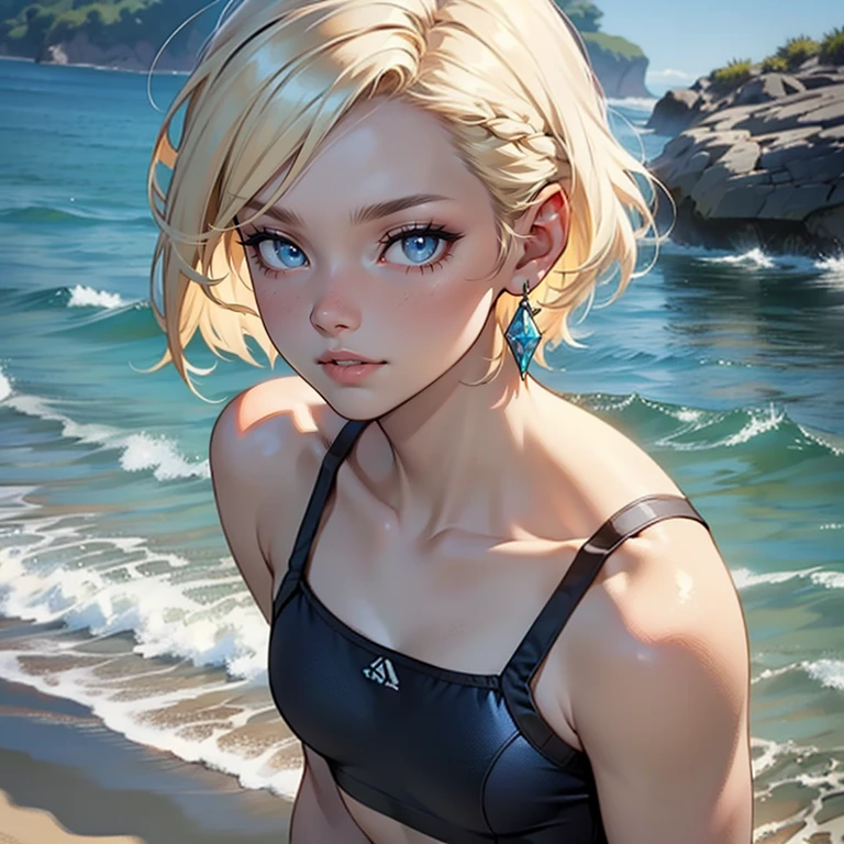 ((masterpiece)), (((best quality))), 1 female, pale white skin, very light blonde hair, short hair, bob hair style, beautiful woman, detailed background of the ocean, blue eyes, simple earrings, cute modest swimsuit, small breasts, waist up view, detailed face, highest quality, highly detailed, original, high resolution CG Unit 8k wallpaper, (best quality, artwork, masterpiece, 4k)