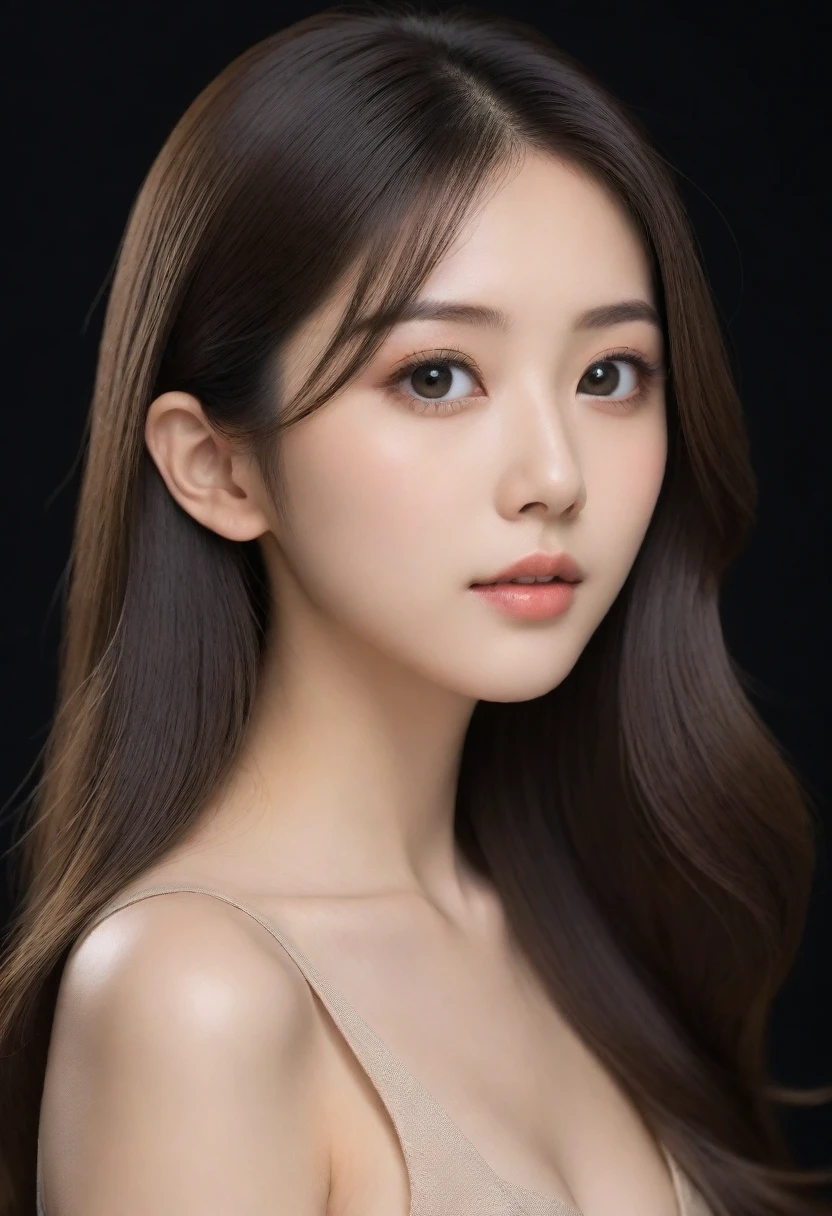 beautiful Japanese woman with long hair and an elegant profile picture is wearing beige . She has fair skin, big eyes, delicate facial features,with a matte photo on a light black background