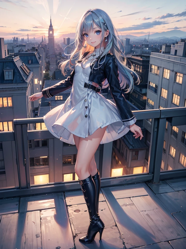 ((Biologically correct limb count)),(( From head to toe,Full-body photo including face)),4K,((Standing position)),masterpiece,((Focus on the face)),((Symmetrical facial features)),Eyes with detailed description,Beautiful woman,Great style,Beautiful arms,Beautiful legs,Beautiful Hands,(Small Ass,Thin thighs),Detailed depiction of the face,Small earrings,necklace,(Will ,dress((High heel long boots))),((evening,Looking out at the city from the school rooftop)),(((blue blonde))),Realistic photo,