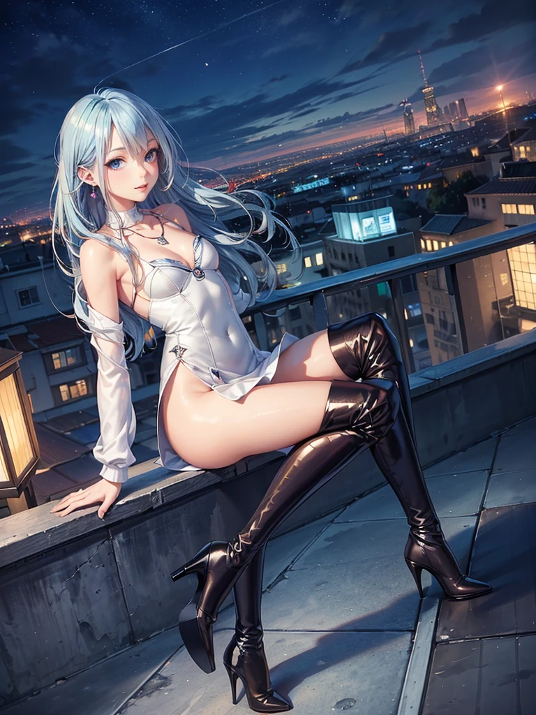 ((Biologically correct limb count)),(( From head to toe,Full-body photo including face)),4K,((Standing position)),masterpiece,((Focus on the face)),((Symmetrical facial features)),Eyes with detailed description,Beautiful woman,Great style,Beautiful arms,Beautiful legs,Beautiful Hands,(Small Ass,Thin thighs),Detailed depiction of the face,Small earrings,necklace,(Will ,dress((High heel long boots))),((evening,Looking out at the city from the school rooftop)),(((blue blonde))),Realistic photo,