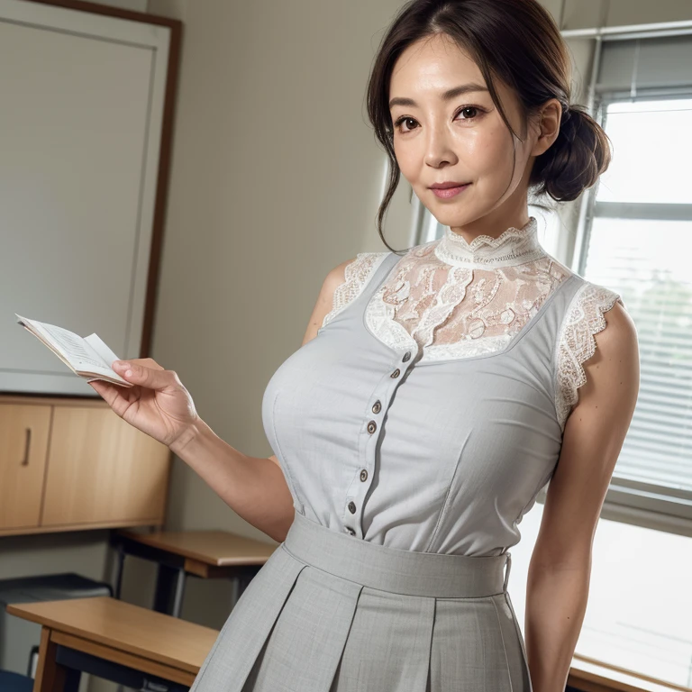 High resolution, High-level image quality, High definition, masterpiece, 8k, Anatomically correct, Professional Lighting, sharp, White Photo, 
((Japanese Mature, 90 years old, Beautiful female teacher)), One person, Calm woman, (( wrinkles)), Shapely large breasts, Straight long light brown hair with voluminous waves and parted to the right, Chubby body type, 
((School classroom, Standing upright, holding the attendance book and looking at the viewer)), 
(((A light grey sleeveless summer buttoned lace shirt tucked into a skirt, Tight summer high waisted white long flared skirt, Bra straps sticking out))), 
A composition that shows what&#39;s under a skirt from the feet up
