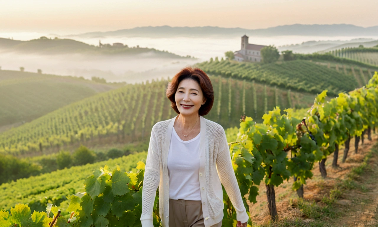 Italy foggy countryside dawn, Endless vineyards, A cathedral can be seen far away in the fog.. Korean woman in her 50s, Wearing a short cardigan over a luxury brand white T-shirt, casual pants, Korean woman with short and medium hair, hair is beautiful. Standing on a path on top of a vineyard hill, Beautiful Korean woman with bright and clear skin, the neck is long and beautiful. Beautiful Korean woman smiling, standing in the vineyard,1 woman, Woman in her 50s, Your eyes are big and pretty, standing on a hill in a vineyard, 1 woman, Clear picture quality