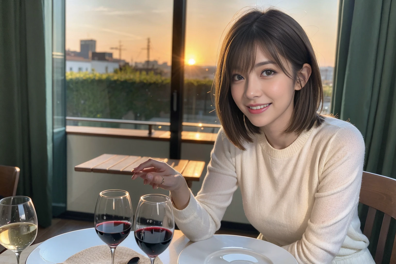 （Realistic:1.1）,(masterpiece,Highest quality)，8k,(49 years old), 53 years old, ベリーslimボディ、slimカップル、Tight waist,Upper Body,full-course dinner、wine 、Amazing view of the sunset sky and clouds、Perfect Anatomy, Brown Hair, short hair,Random Hairstyles,((Highly detailed face and eyes:1.2))，Perfect golden ratio face，Long sleeve shirt、dress,(smile:1.2)、Shortcuts、cute、(Realistic, Intricate details:1.2), A bright smile、short hair,Bright Face、赤wine 、Appetizers、Italian food、wine bottle、Champagne、スパークリングwine、(slimな顔), (The body is slim), (Brown Hair), (Shortcuts),  Upper Body, 白wine, slim, wineグラス, 