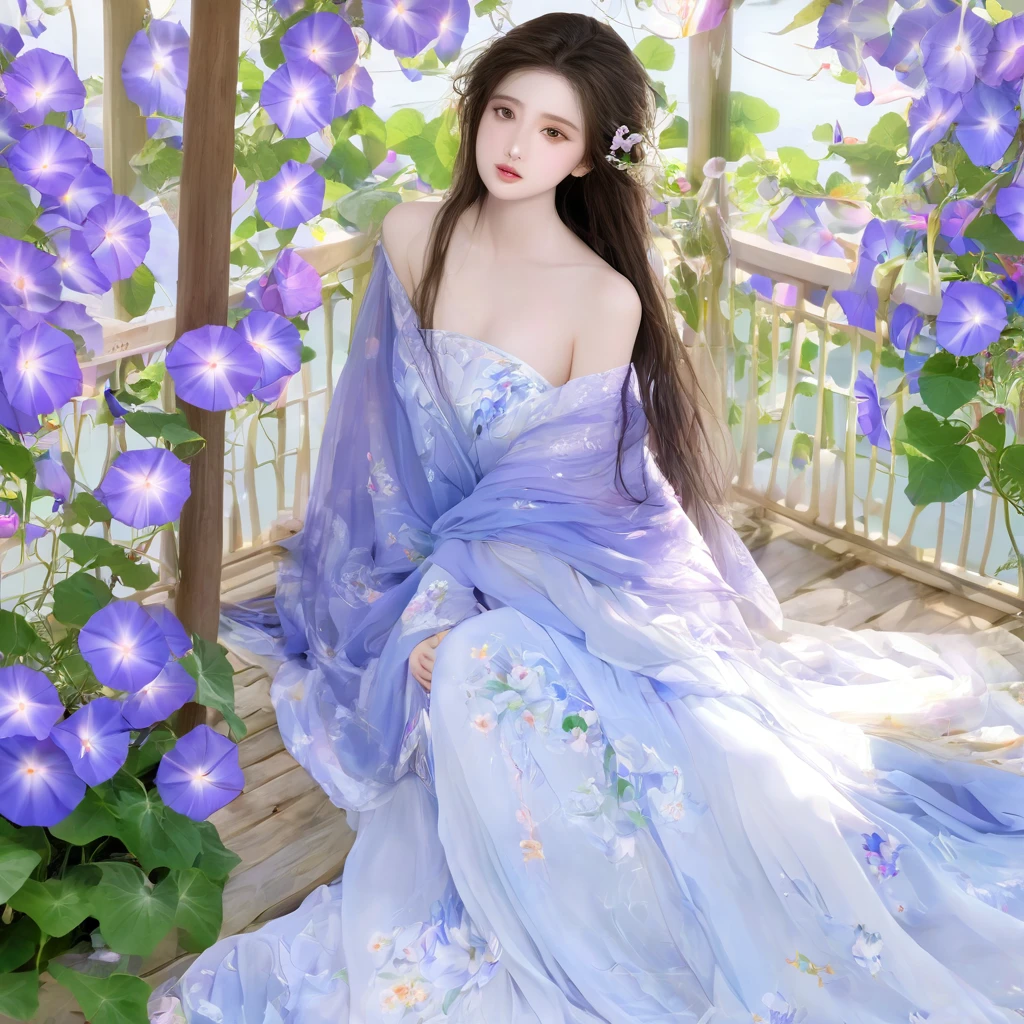 best quality,masterpiece,Ultra-high resolution,(photoactual:1.4),,Morning glory flower sea,（background）,20 years old ,morning glory goddess（Japanese Girls）,Long hair with a shawl,cute eyes,Sexy body,Big breasts,Wearing a morning glory strapless dress,,,Sitting in the gazebo,Enjoy afternoon tea