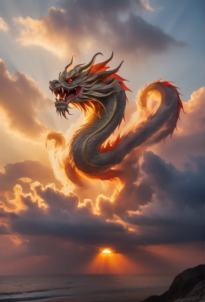 Cloud that looks like a Chinese Dragon illuminated by the rays of the setting sun