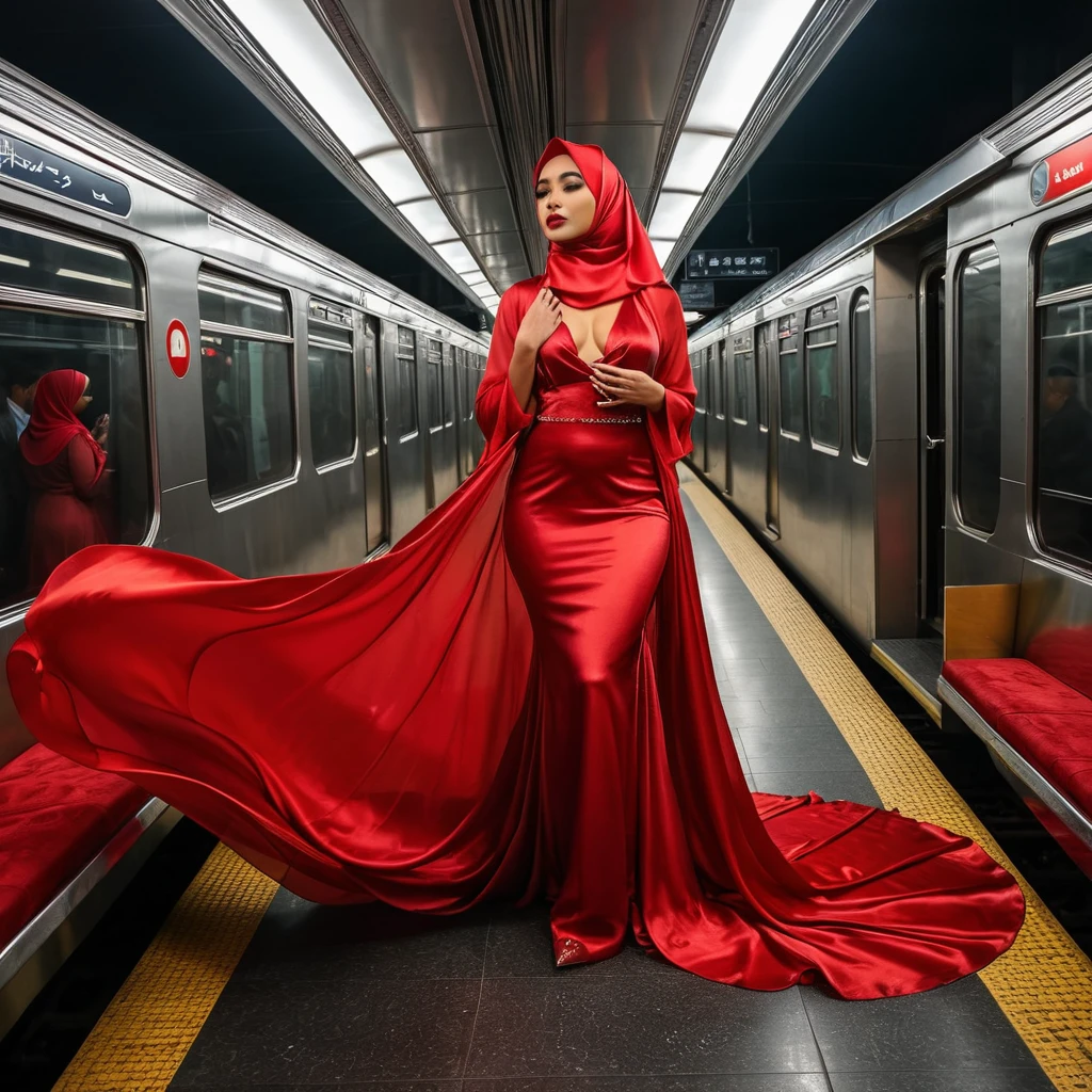 a woman in the translucent silk red gown, wear outer bolero, satin sheet, nipple on with nipple piercing, wear modern hijab, full body, long satin, red satin mermaid tight long gown, flowy dramatic long gown, double long train dress ( 4 meter long ) ,in crowded subway, wear high heels, strugle to move,having trouble with her gown, masterpice 