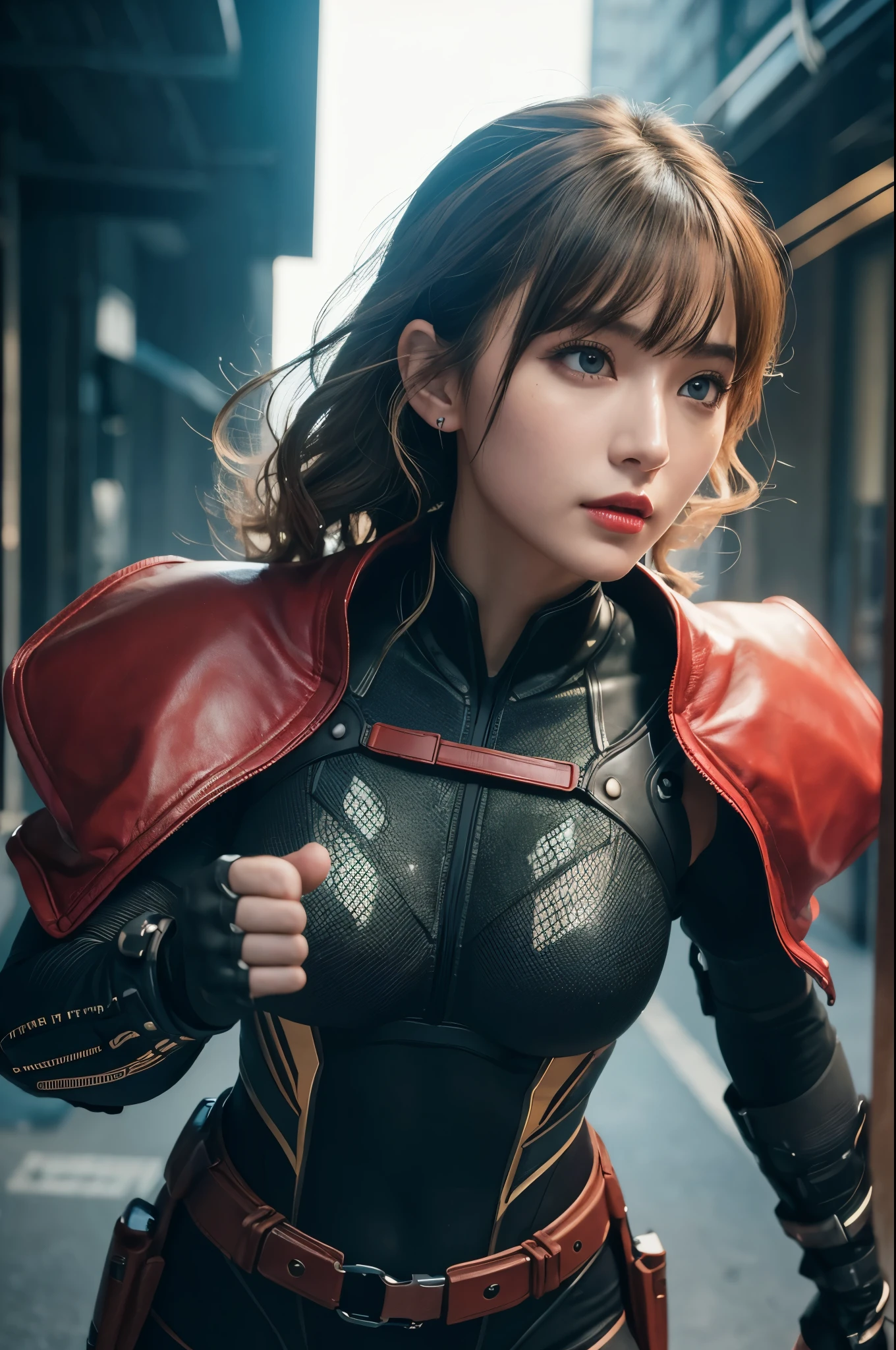 8k,Highly detailed illustration, Ultra-high resolution, masterpiece, Highest quality, Super Beauty,Skin with perfect radiance, Perfect lighting, Detailed lighting, Dramatic Shadows, Ray Tracing, 1 beautiful Caucasian woman, Looking at the audience, Very large breasts, Beautifully detailed hazel eyes, Sharp Face, Clear Eyes, Red lips, Long Bangs, Short Curly Hair, blonde, ((Cyberpunk Dark City)), Upper Body, Combat Uniform, Military Harness, ,masterpiece,Highest qualityのフォトリアリスティックなRAW写真。Bright colors,Rich colors, Backlight, Cinema Lighting, Film Grain, 50mm lens, Nikon D850,Detailed character art,Fantasy art,Ultra-high resolution,Ultra-Realistic Skin,Perfect hand shape,ダイナックなFightingポーズ,Knife action,Red Metal Armor,Fighting,Action pose,Bend Down,Throwing a fist,