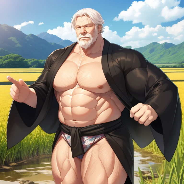 Huge Muscular old man walking in Japanese road village wearing open kimono, (Black kimono (open)), wrinkles skinned, short hair, white hair, large pectoral, huge pectoral, underwear only, half body, detailed muscle, pose, realistic rendering, CG realistic, 3d realistic, photography, landscape, nature, rice fields