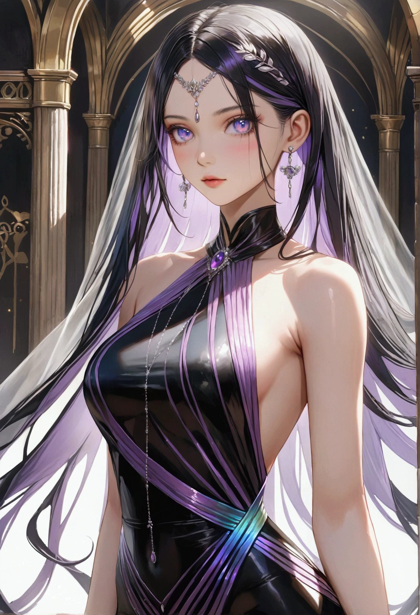 A girl with long black hair with purple peekaboo highlights, iridescent eyes, fair skin tone, slender and athletic built, expensive dress, detailed hair, detailed body, best quality, aesthetic,8k,realistic