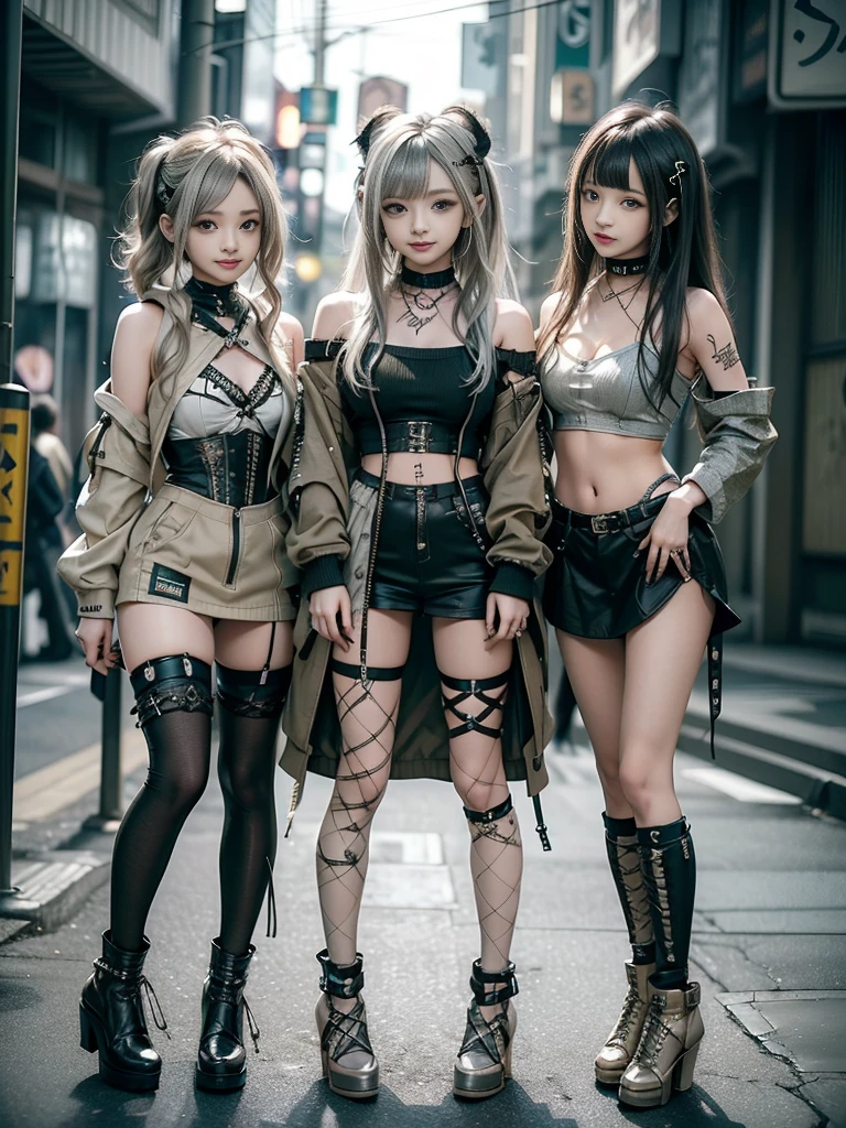 (Three Girls, 3 girls:1.5)、(Smiling with teeth showing:1.3),(Shibuya Gal:1.5)、(Beautiful gravure model:1.5)、(Neo-goth fashion:1.5)、(Punk RockVisual Kei:1.5)、(An off-the-shoulder hoodie in olive and beige colors, adorned with delicate silver accessories.:1.5)、(Beige and white corset with delicate design:1.4)、(Olive and white snakeskin bodysuit:1.5)、(head band:1.3)、(Beige and olive knee socks:1.4)、Embellished collar and long boots、(I'm selling snake print underwear.:1.4)、(Long eyelashes:1.3)、(20-year-old)、((Highest quality、8k、masterpiece:1.3))、Slim and beautiful abs:1.3、(hairstyle casual、Beautiful boobs:1.1)、(Doing an aerobics pose:1.3)、dress:1.1、Super small face、Narrow eyes、double eyelid、A sloppy smile、Esbian all over body、Dynamic Angle、Close-up、CPL Filter、Blurred Background、Bokeh、Blue Hour、Detailed face and skin texture、Detailed eyes、,(Twin tails:1.3)、(Black brown hair:1.3)、Gravure idol、(The background is a bright and glamorous fashion show stage.:1.3)、(Make your legs thinner:1.4)、(Slim Body:1.3)、(clavicle:1.1)
