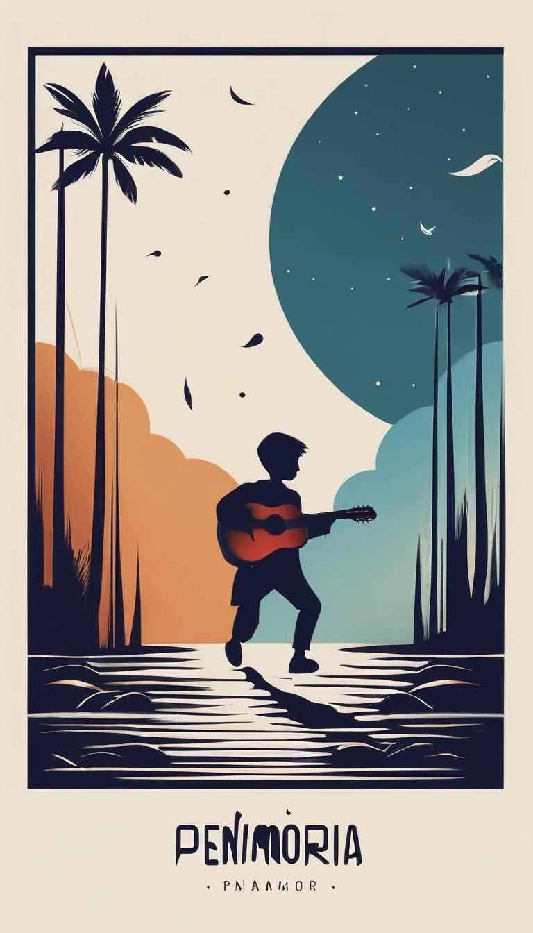 A minimal, modern, simple, cinematic, minimalistic logo design for the brand “Penamemoria". The logo design must be a simple, magical feather and a boy running and holding an acoustic guitar. The logo must convey a sense of music, stories and dreams. Logo design impressed on a book cover. Minimalistic logo