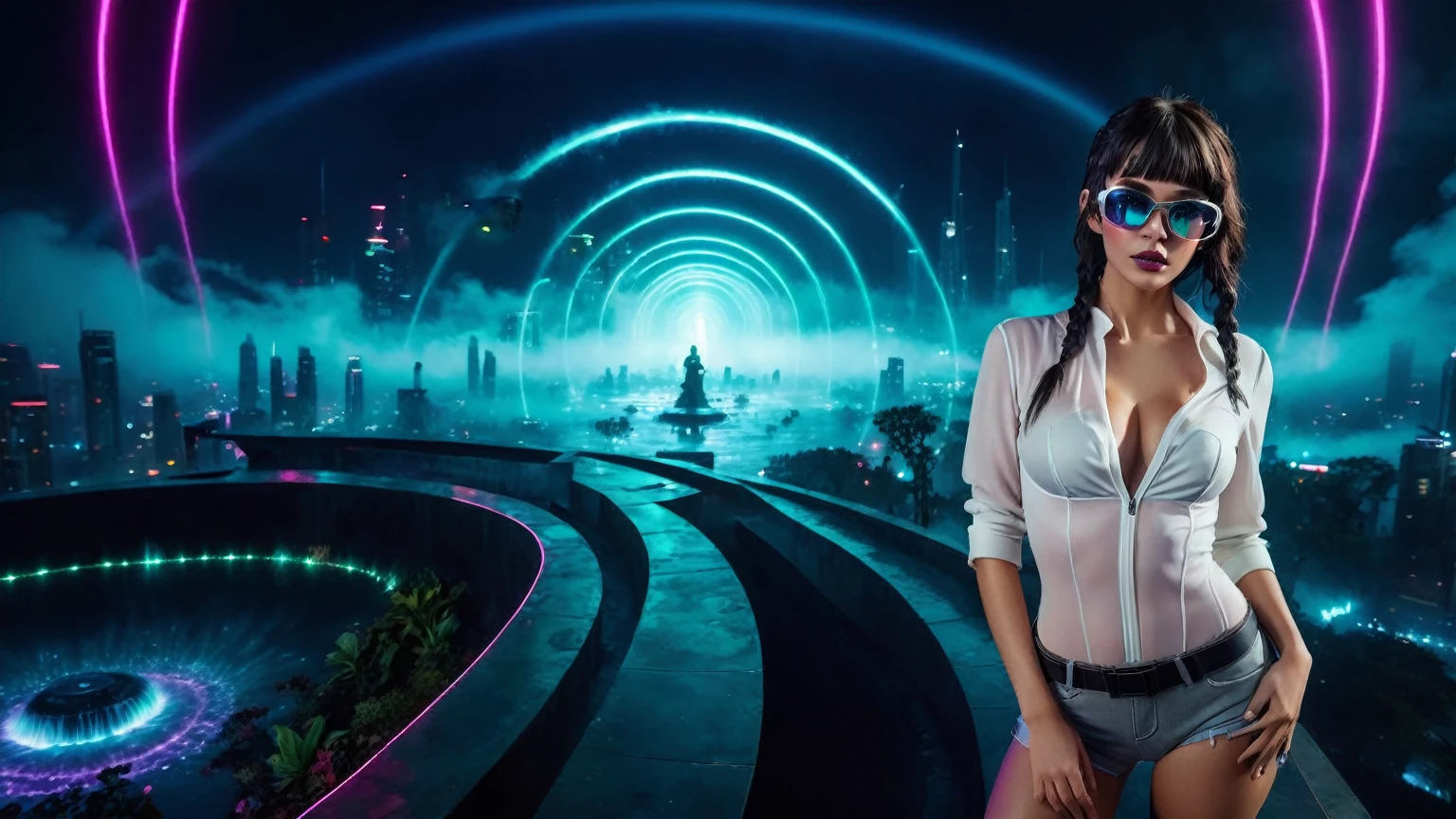 At night, aerial view of a mysterial sky garden, horror dark statue, a holographic cyberpunk city in the background with flying vehicle, fountain, waterfall, atmospheric fog, Matrix style, (1girl, solo), large-breast:1.3 D-cup slim:0.9 body, cleavage:1.3, seductive costume, (mini VR sunglasses), (((holding a pistol))), standing, half-body thigh level medium shot, depth of field, cinematic lighting, ray tracing.