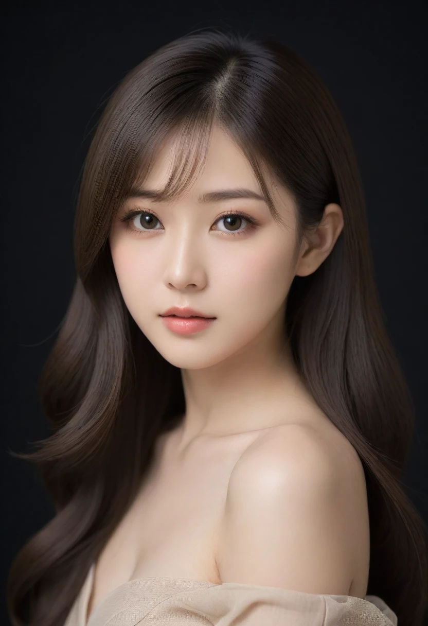beautiful Japanese woman with long hair and an elegant profile picture is wearing beige . She has fair skin, big eyes, delicate facial features,with a matte photo on a light black background