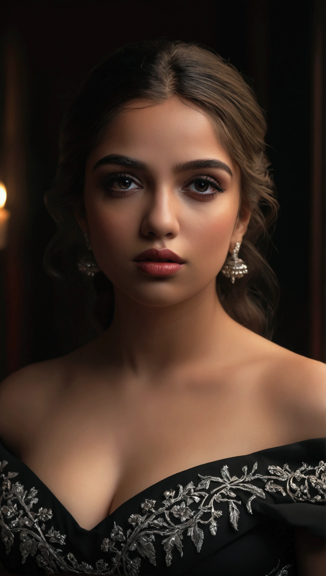 highly detailed portrait, 1girl, beautiful detailed eyes, beautiful detailed lips, extremely detailed face, long eyelashes, off the shoulder dress, busty, moody dramatic lighting, cinematic lighting, chiaroscuro, dramatic shadows, dramatic contrast, dramatic atmosphere, photorealistic, 8k, high resolution, best quality, masterpiece, intricate details, ultra-detailed, (( half body portrait))