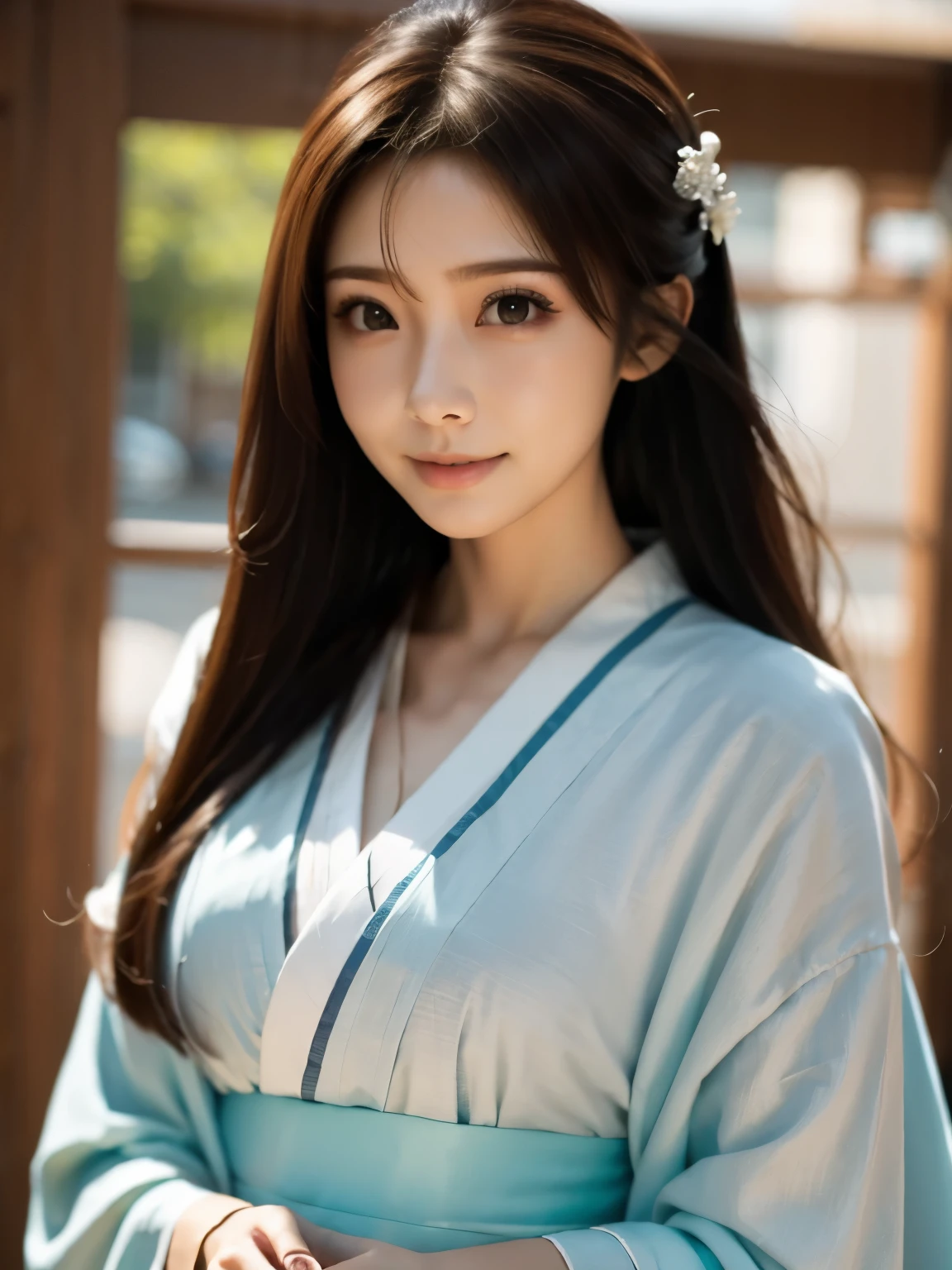 (best quality,highres,ultra-detailed),((portrait )),1beautiful Japanese lady,beautiful detailed eyes,beautiful detailed lips,extremely detailed face,longeyelashes,soft smile,flowing hair,natural lighting, wearling japanese elegant Kimono,
