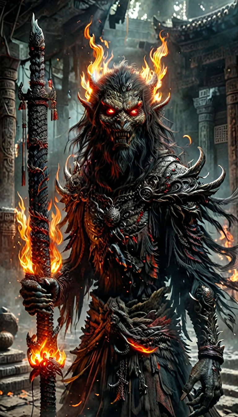 A terrifying and horrible Chinese Shura ghost，The face is fierce，The flames of anger burning in my eyes。Shura has many strong arms，Each arm holds a different weapon，Like a knife、sword、Spear etc.。Its body is strong，Wearing heavy armor with spikes，It is decorated with scary decorations.。Shura has additional weird features，Like extra eyes、Multiple or unusual skin colors，Like red or black。The overall image exudes a fierce momentum，Surrounded by flames and other combat elements。The background is dark and ominous，Full of chaos and atmosphere。
