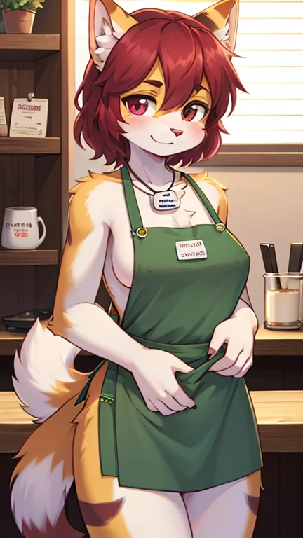 best quality, best resolution, (fluffy anthro furry), calico cat adult, 30 years old, grown, maroon hair, short wavy hair, medium breast, (wearing nothing but a green apron, nametag), coffee shop, lustful eyes, nsfw