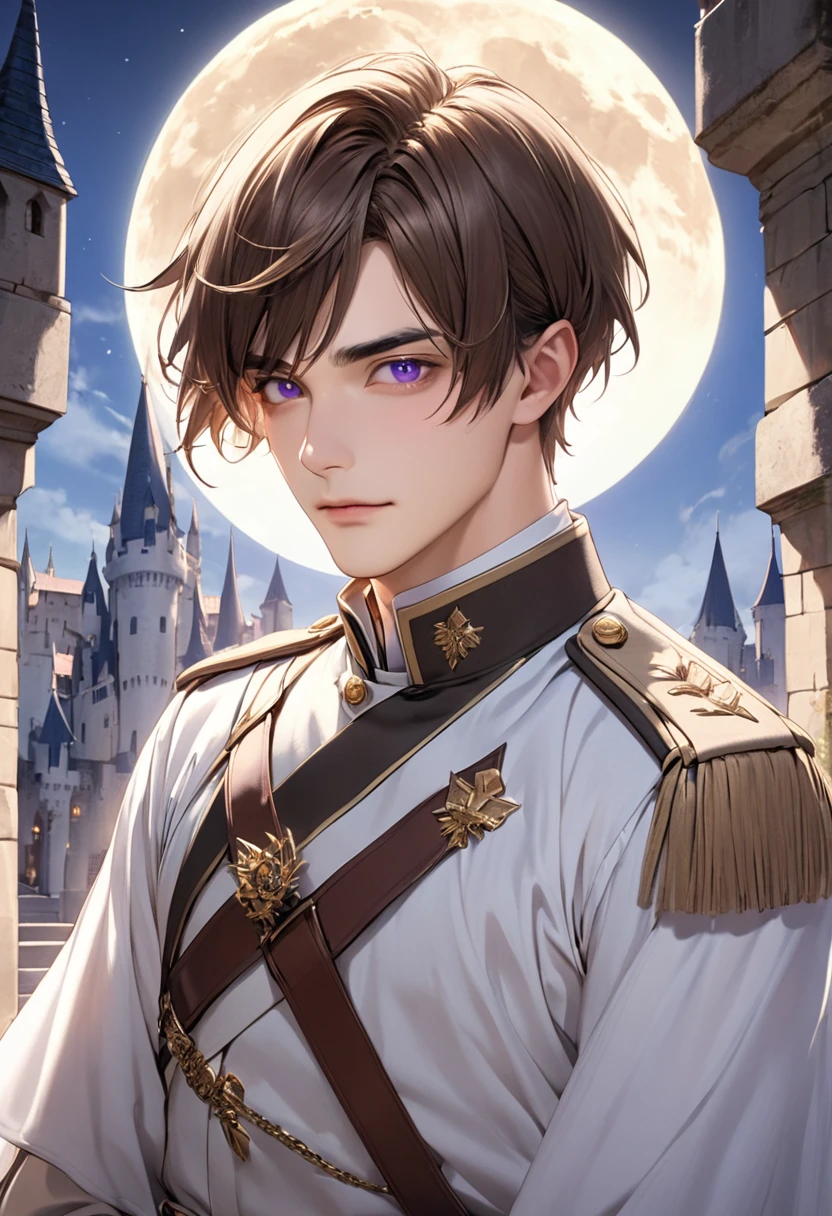 1 male　Short brown hair and eyebrows　Bangs without a part　Side hair where ears are not visible　Purple Eyes　White military uniform　full moon　Castle courtyard