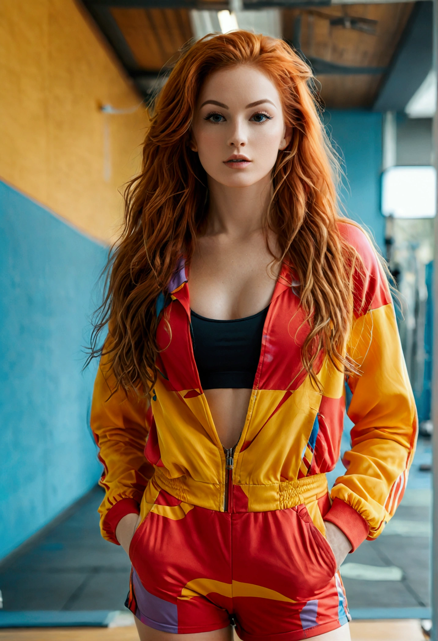 (full body shot:1.7) photorealistic image of a (standing pose:1.3) ultrarealistic, photography, long red hair, woman, 24 years old, hourglass figure, perfect body, Flirty look, natural medium breasts, blur background, wearing a colourful 80s jumpsuit, she is wearing sneakers, at an aerobic center, doing aerobics,