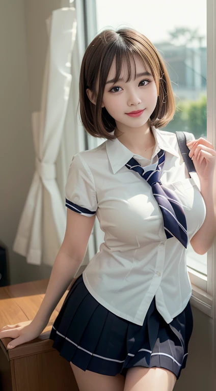 (masterpiece, Best Quality, Illustration, Ultra-detailed, finely detail, height resolution, 8K Wallpaper, Perfect dynamic composition, perfect facial features, Beautiful detailed eyes, serafuku, ribon tie, high & slim waist, tight white shirt with buttons, frilled Mini skirt, Very short bob hair, huge breasts, Bold sexy poses, kind Smile, high school, 18 years girl, Cute, Sexy shot looking at camera, sunset, by the window, bokeh sunrise, sunrays, lens flare, Safe for work, SFW)