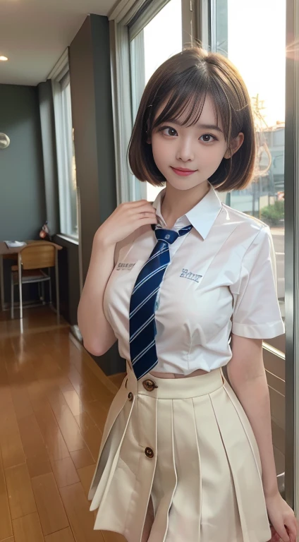 (masterpiece, Best Quality, Illustration, Ultra-detailed, finely detail, height resolution, 8K Wallpaper, Perfect dynamic composition, perfect facial features, Beautiful detailed eyes, serafuku, ribon tie, high & slim waist, tight white shirt with buttons, frilled Mini skirt, Very short bob hair, huge breasts, Bold sexy poses, kind Smile, high school, 18 years girl, Cute, Sexy shot looking at camera, sunset, by the window, bokeh sunrise, sunrays, lens flare, Safe for work, SFW)